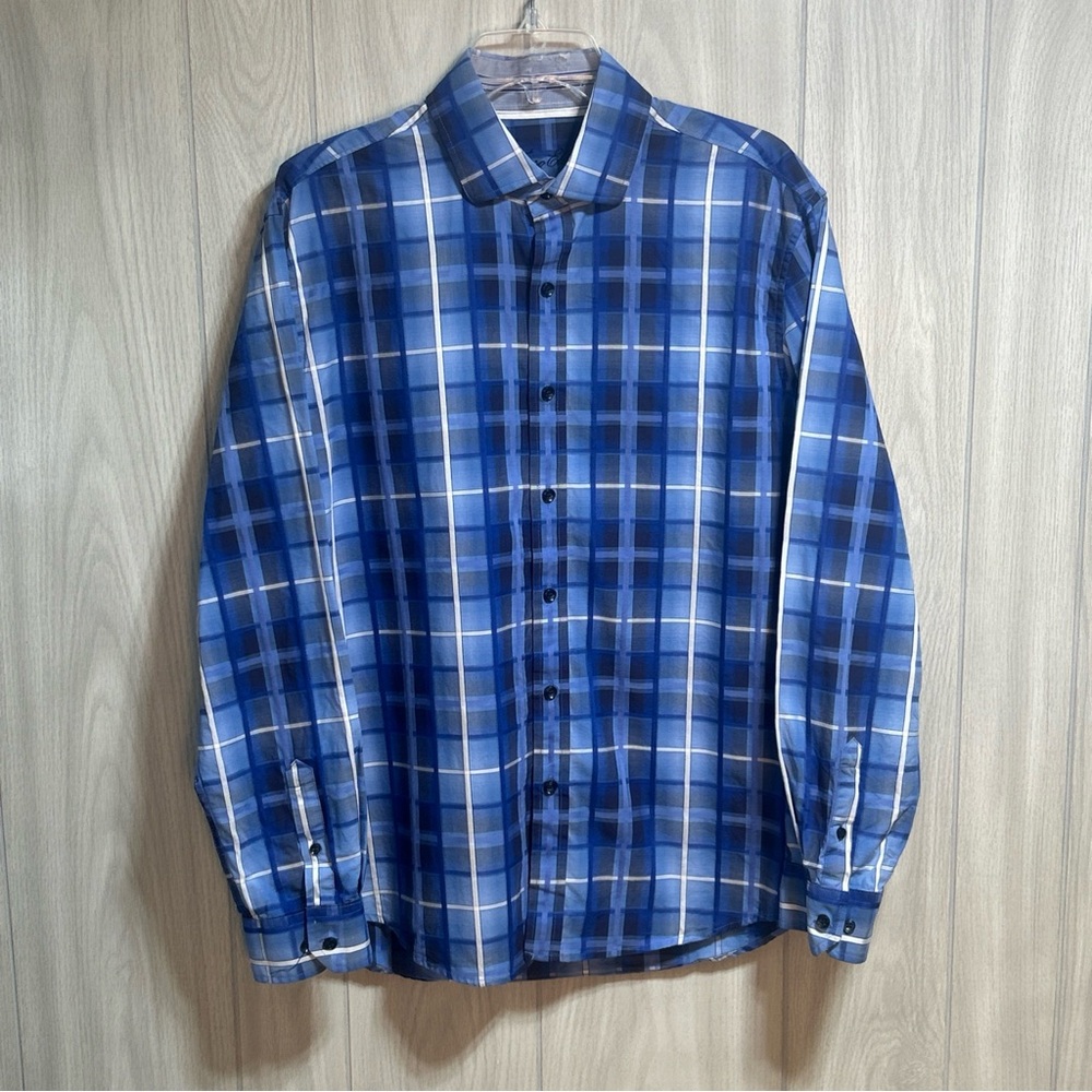 Tasso Elba Men’s Blue Plaid Long Sleeve Button Up Shirt Size L (16-16.5)